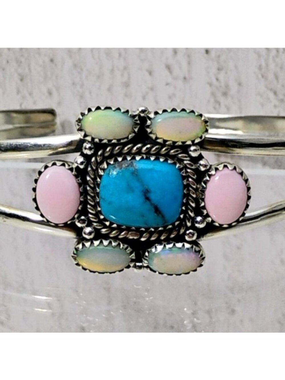 Southwestern Turquoise Opal Pink Conch Shell Sterling Silver Cuff Bracelet